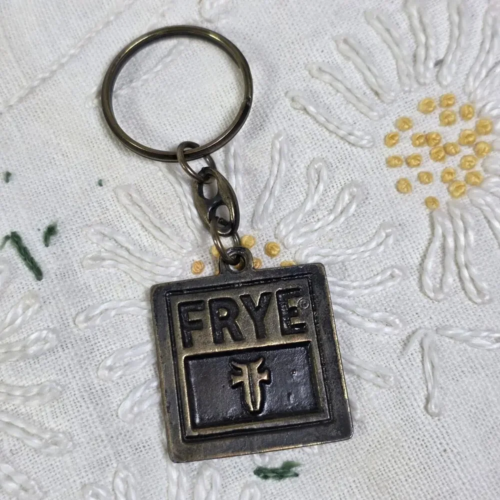 Frye Logo Metal Keychain Key Ring Bronze Tone Square Western Leather Brand